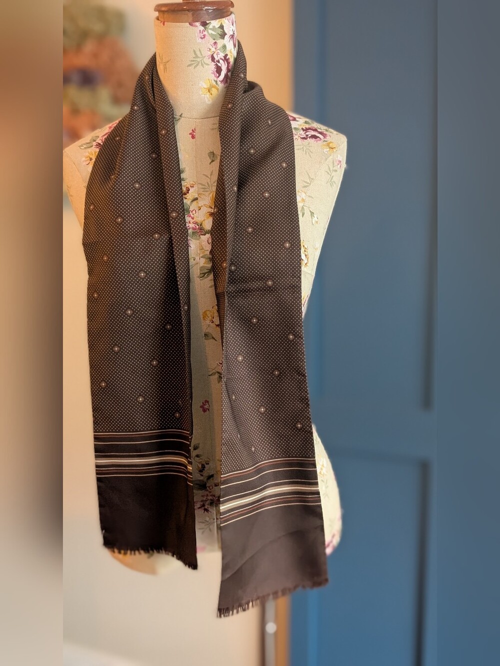 Elegant Brow Polka Dot Scarf with Subtle‎ Stripe Detail